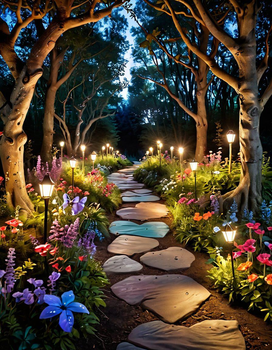 A winding path leading through an enchanted forest filled with playful, mischievous creatures and vibrant flowers, symbolizing the journey to exhilaration and satisfaction. The path should be illuminated by soft, magical lights and surrounded by whimsical elements that evoke a sense of adventure and excitement. Include hints of playful symbols like hearts and fireworks to nod to the 'naughty' theme. mystical. vibrant colors. dreamy atmosphere.