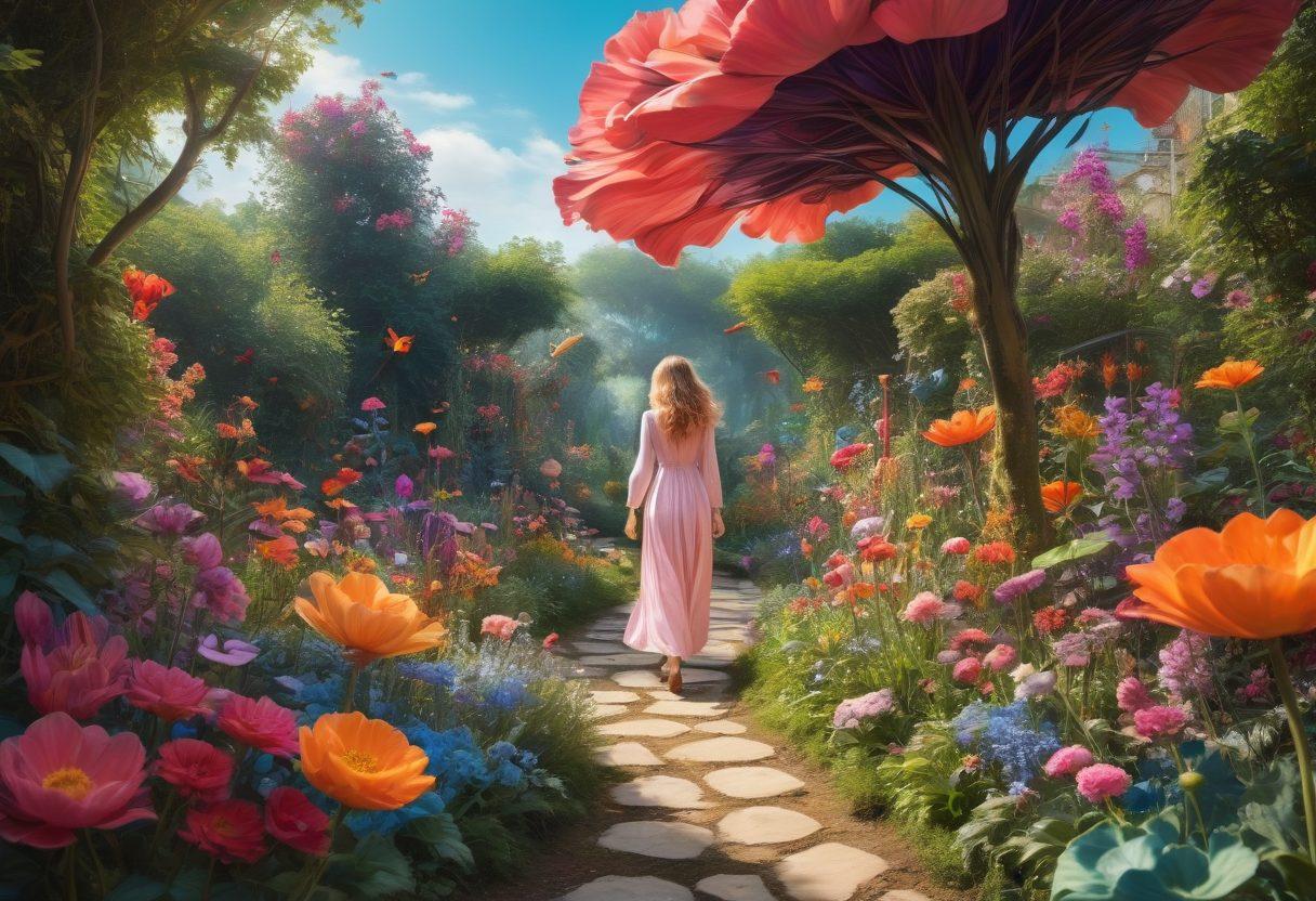 A vibrant scene depicting a lively, whimsical path through a fantastical garden filled with oversized flowers and playful creatures. Adult figures are joyfully exploring their surroundings with a sense of freedom and laughter, intertwined with symbols of sensuality like delicate petals and soft lighting. The colors should be bright and cheerful, enhancing the feeling of adventure and joy. surrealistic. vibrant colors. airy background.