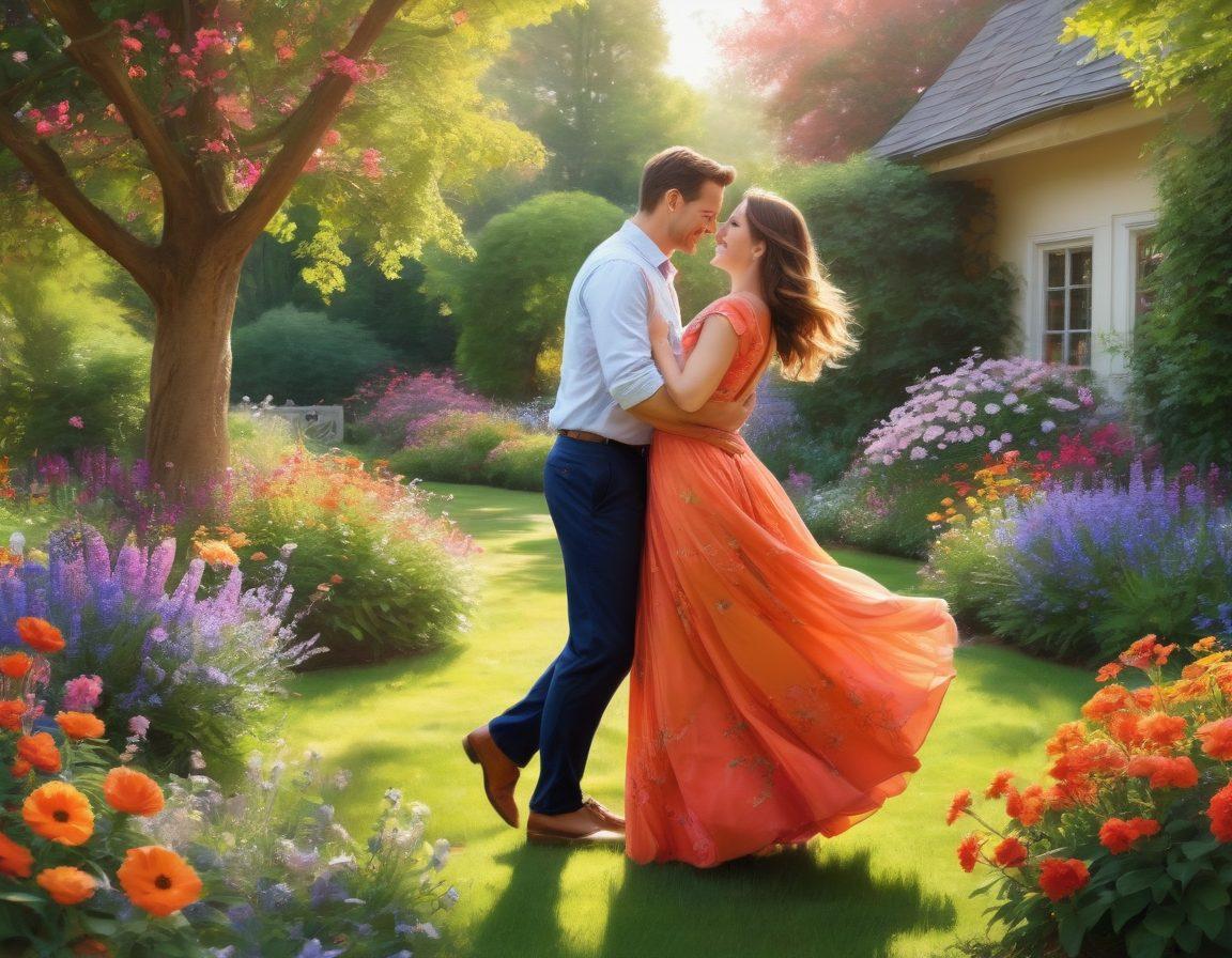 A whimsical scene depicting adults engaged in joyful, playful moments of love and adventure. Include vibrant colors, laughter, and a backdrop of a lavish garden filled with blooming flowers and soft sunlight. Show diverse couples exploring different playful activities, such as dancing, picnicking, and sharing affectionate gestures. Infuse an air of lightheartedness and bliss in their expressions. digital painting. vibrant colors. whimsical style.